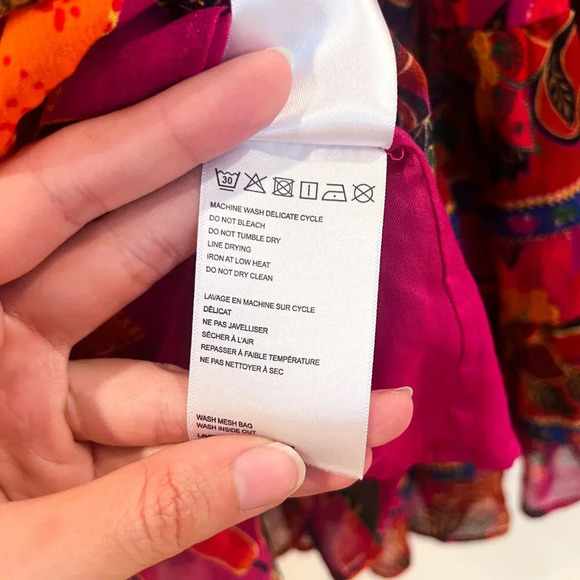 Farm Rio Colorful Pink Floral Tropical V Neck Tiered Long Sleeve Mini Dress XS - Picture 9 of 9